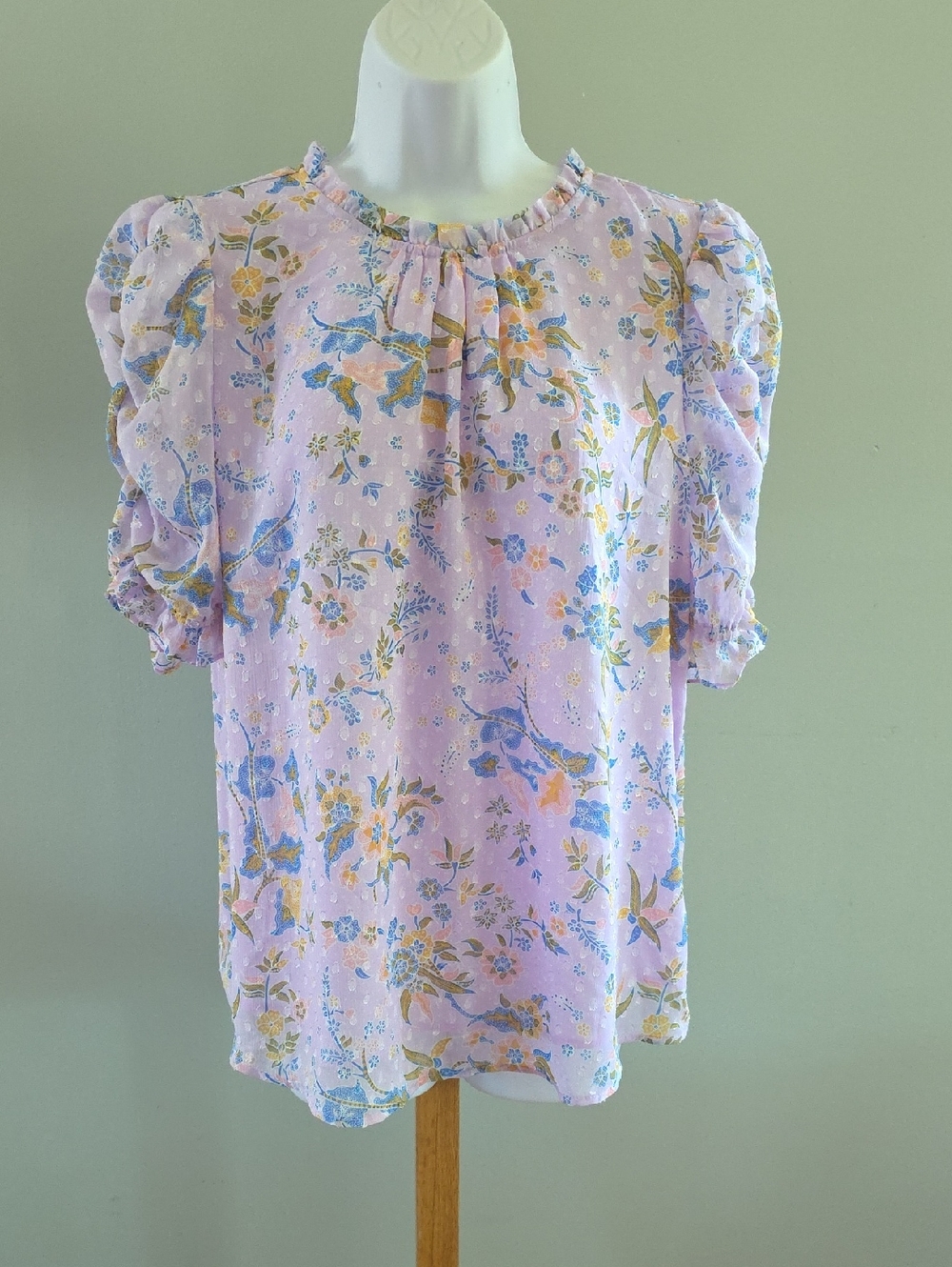 Rachel Zoe Lavender Floral Puff-Sleeve Blouse with Blue & Yellow Accents